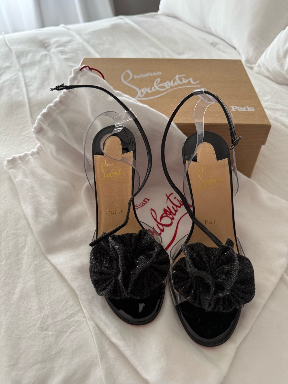 Christian Louboutin Black Velvet Ruffle Clear-Strap Slingbacks